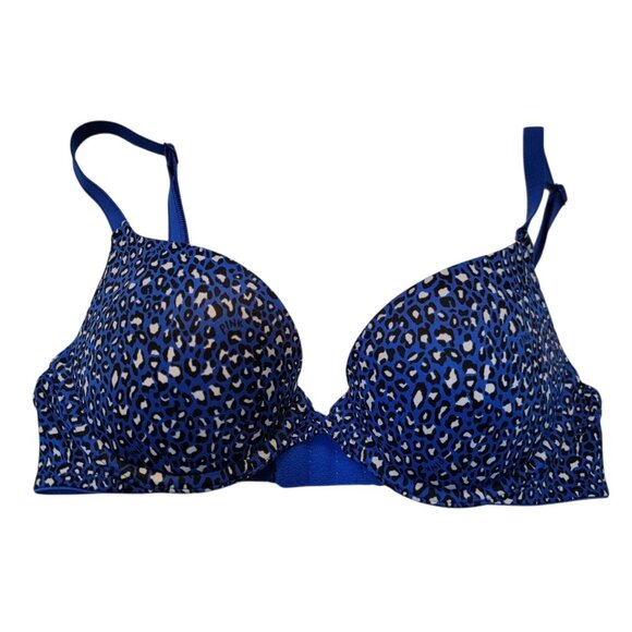 Victoria's Secret PINK Size 32B Black Blue Animal Print Push Up Bra - Picture 1 of 7